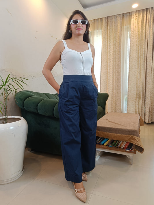 Blue Cotton Wide Leg Trouser