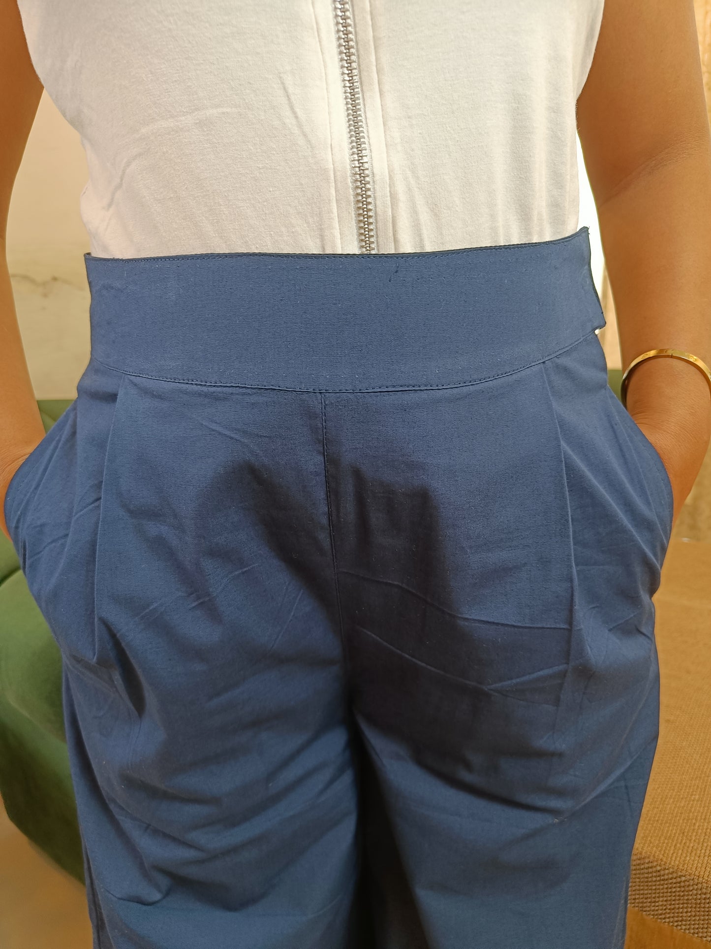 Blue Cotton Wide Leg Trouser