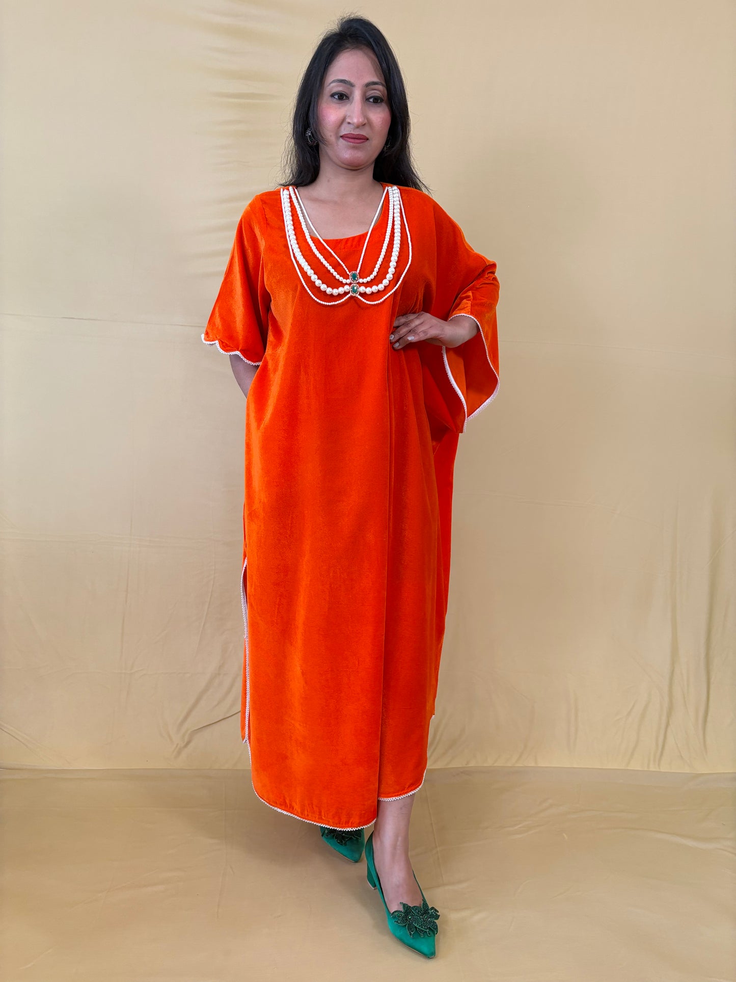 Orange Velvet indowestern kaftaan Dress