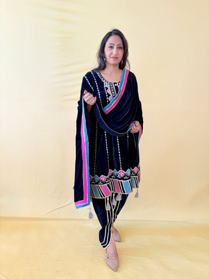 Dark Blue choga style suit set with dhoti salwar ( Set of 3)