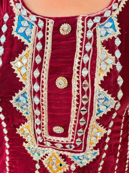 Maroon velvet choga style suit set with dhoti salwar ( Set of 3)