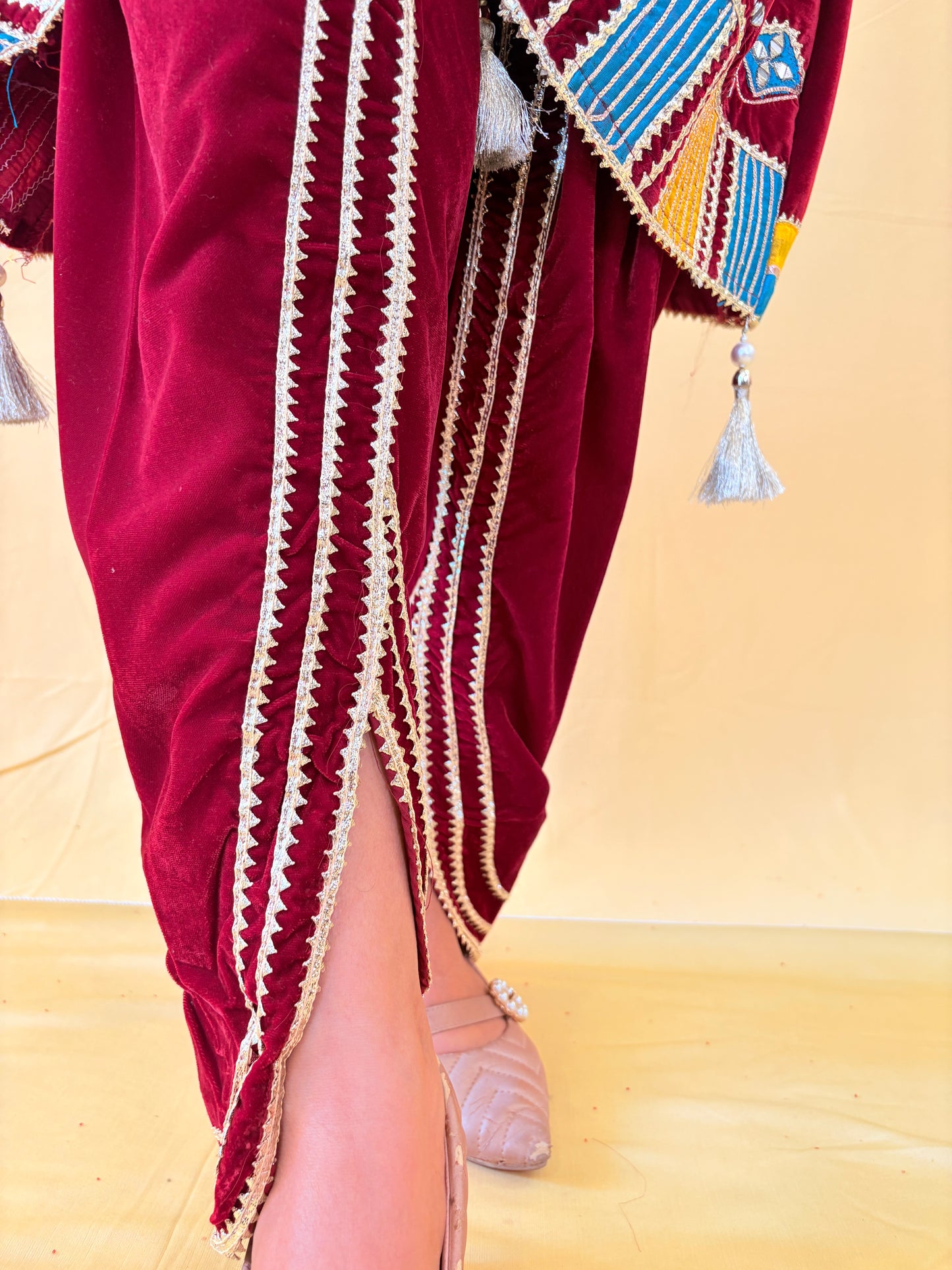 Maroon velvet choga style suit set with dhoti salwar ( Set of 3)
