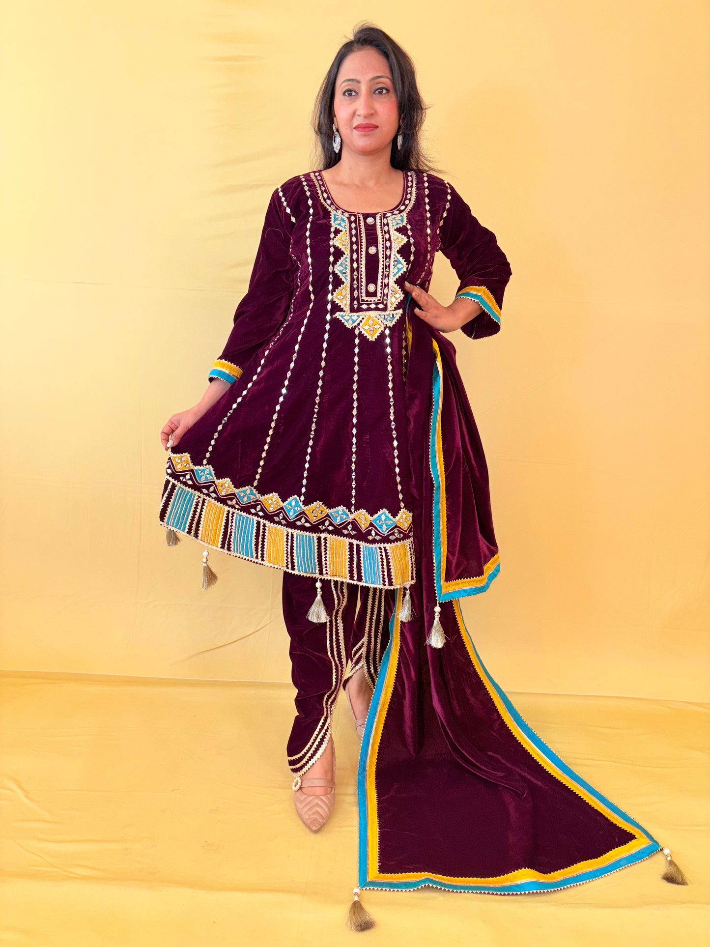 Purple  velvet choga style suit set with dhoti salwar ( Set of 3)