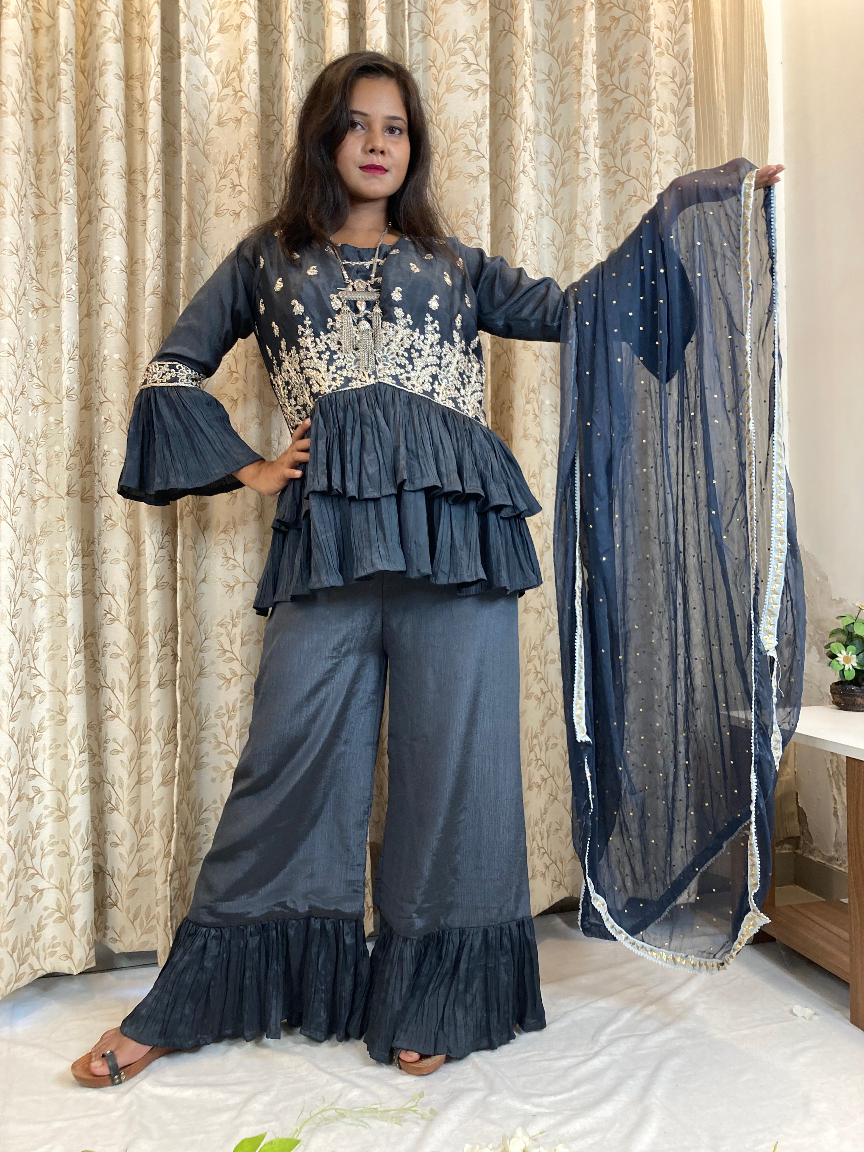 Rust Georgette Pencil Stripes Pattern Crop-Top Palazzo Suit with Jacket and  Sequins, Thread Embroidery | Exotic India Art