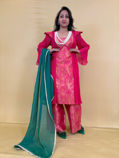 Pink Brocade Part Wear A-Line Suit Set (Set of 3)