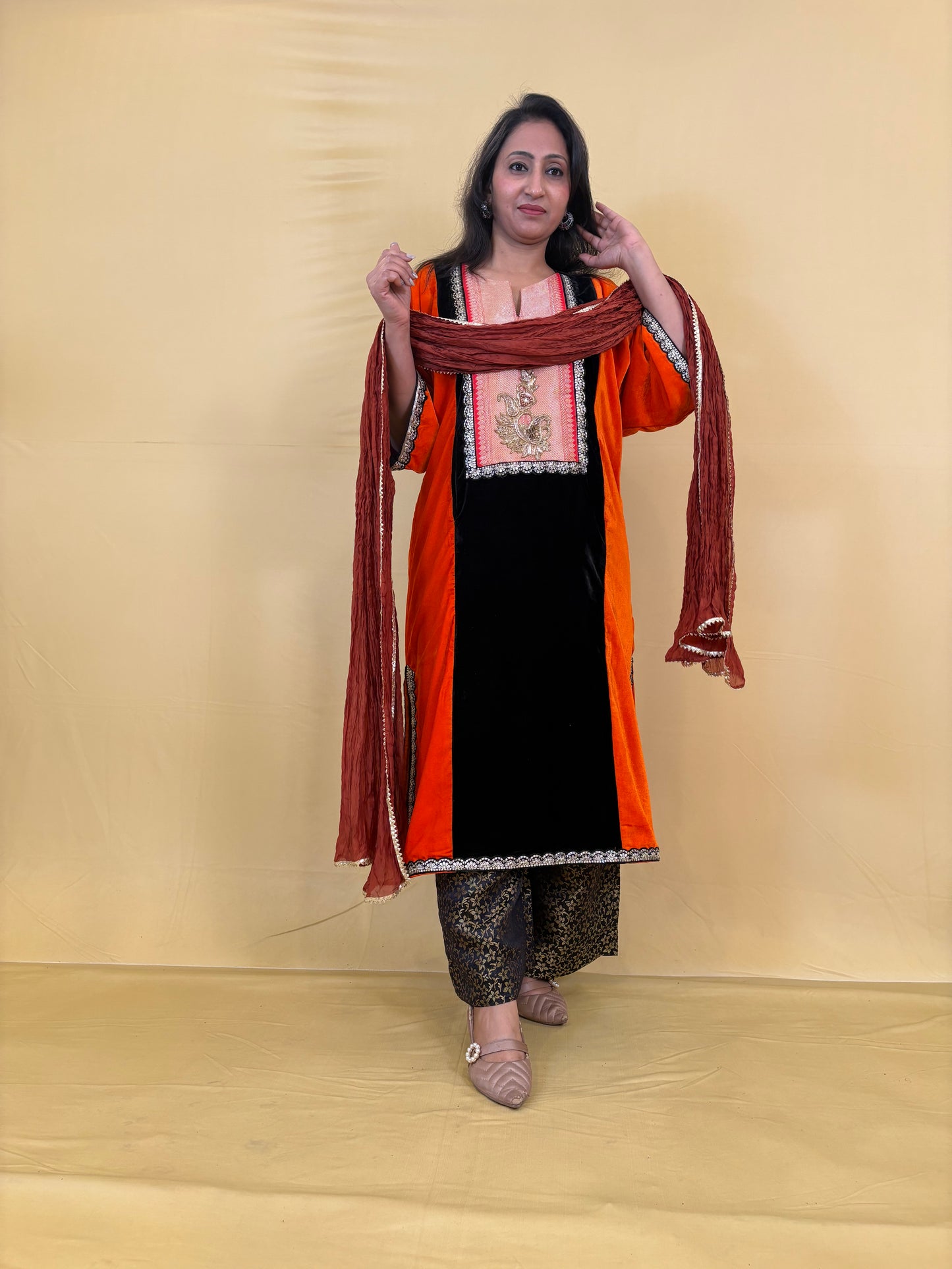 Relaxed-Fit Velvet Indo-Western Kurta Palazzo set with Dupatta (Set of 3)