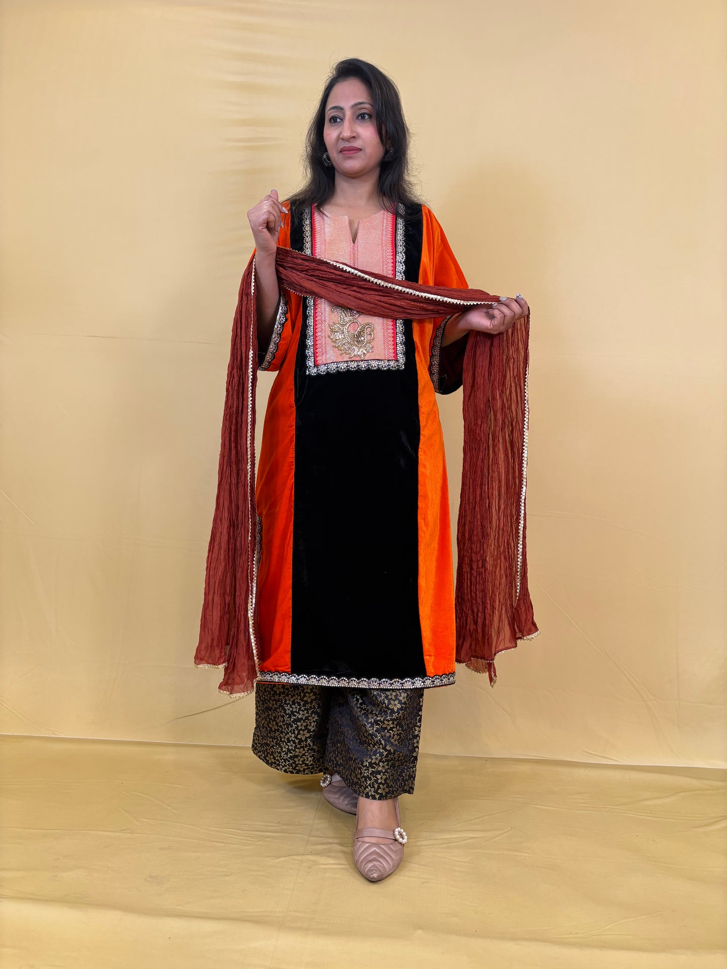 Relaxed-Fit Velvet Indo-Western Kurta Palazzo set with Dupatta (Set of 3)
