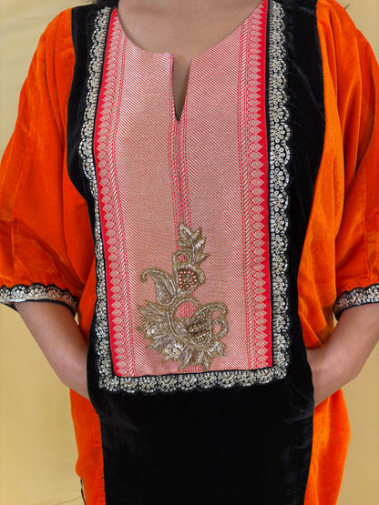 Relaxed-Fit Velvet Indo-Western Kurta Palazzo set with Dupatta (Set of 3)