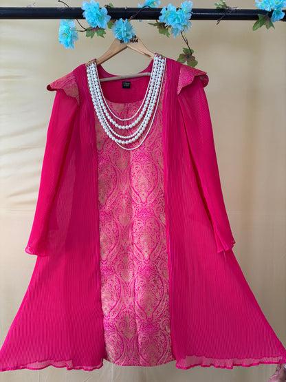 Pink Brocade Part Wear A-Line Suit Set (Set of 3)