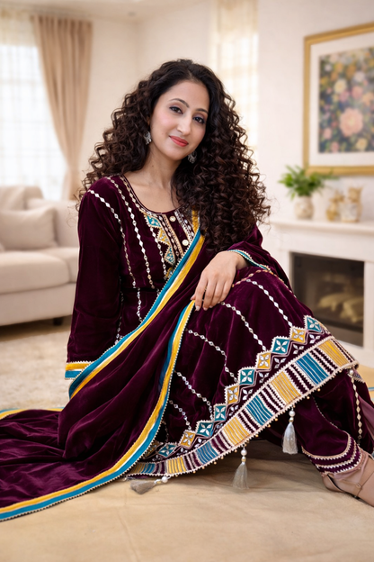 Purple  velvet choga style suit set with dhoti salwar ( Set of 3)