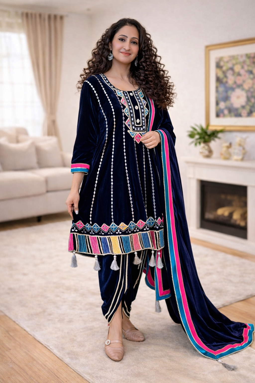 Dark Blue choga style suit set with dhoti salwar ( Set of 3)