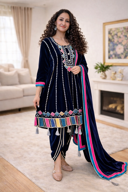 Dark Blue choga style suit set with dhoti salwar ( Set of 3)