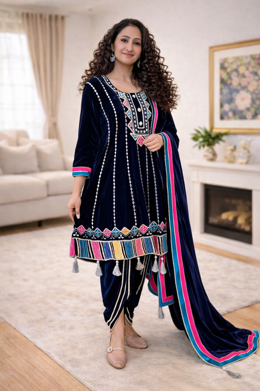 Dark Blue choga style suit set with dhoti salwar ( Set of 3)