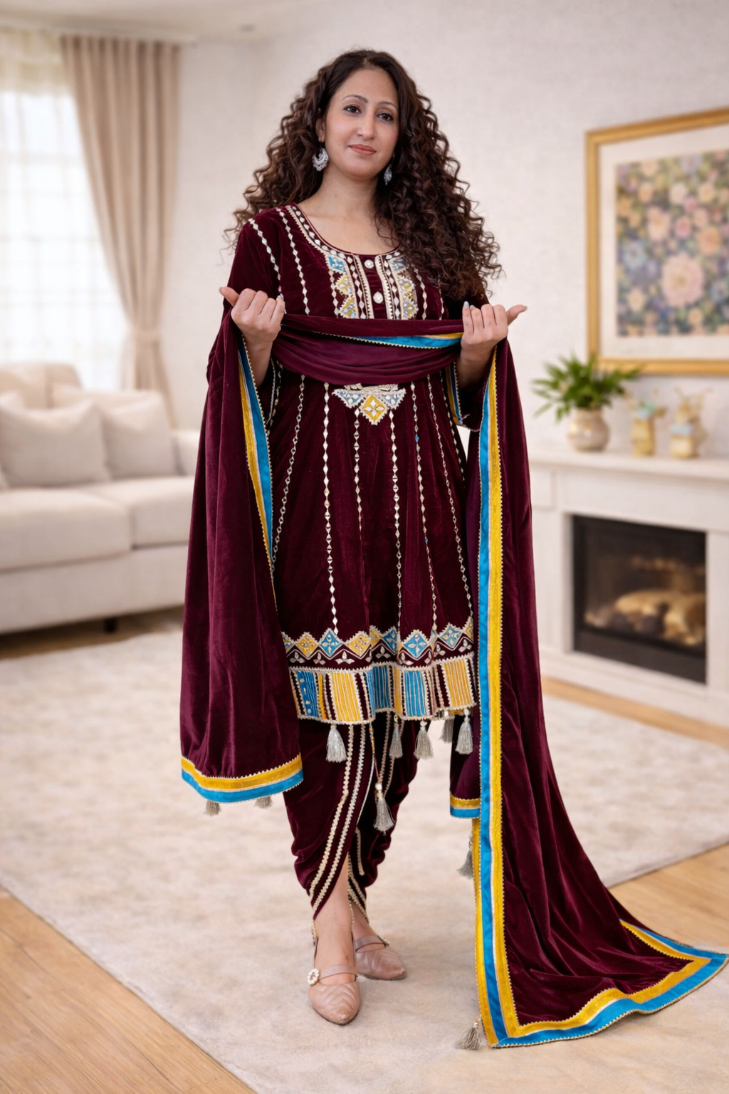 Purple  velvet choga style suit set with dhoti salwar ( Set of 3)