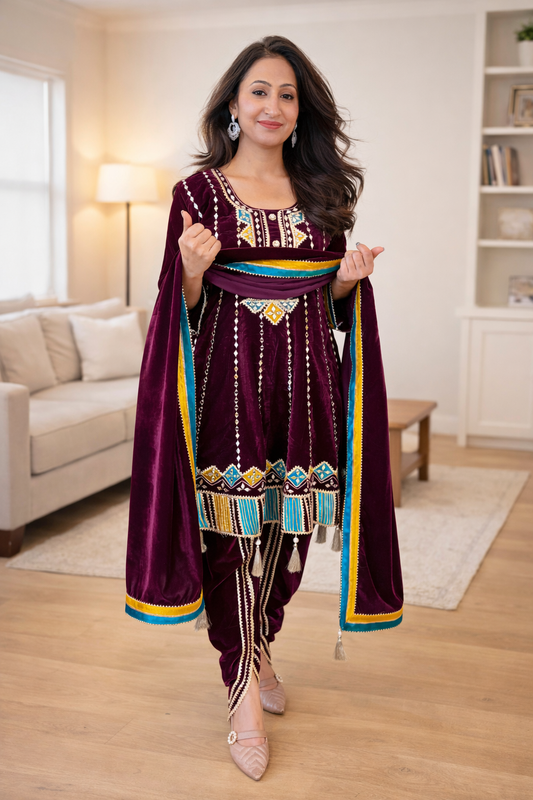 Purple  velvet choga style suit set with dhoti salwar ( Set of 3)