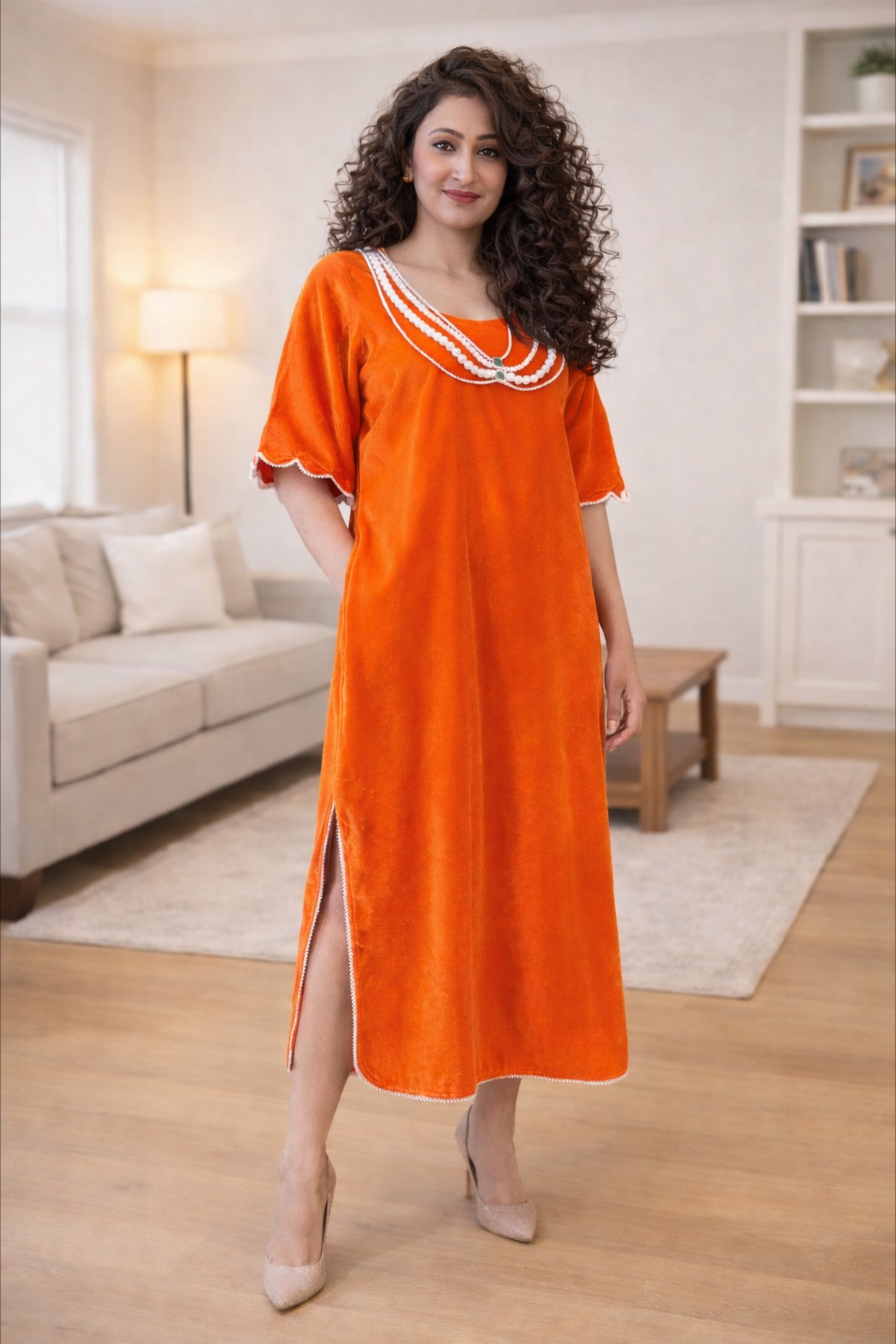 Orange Velvet indowestern kaftaan Dress
