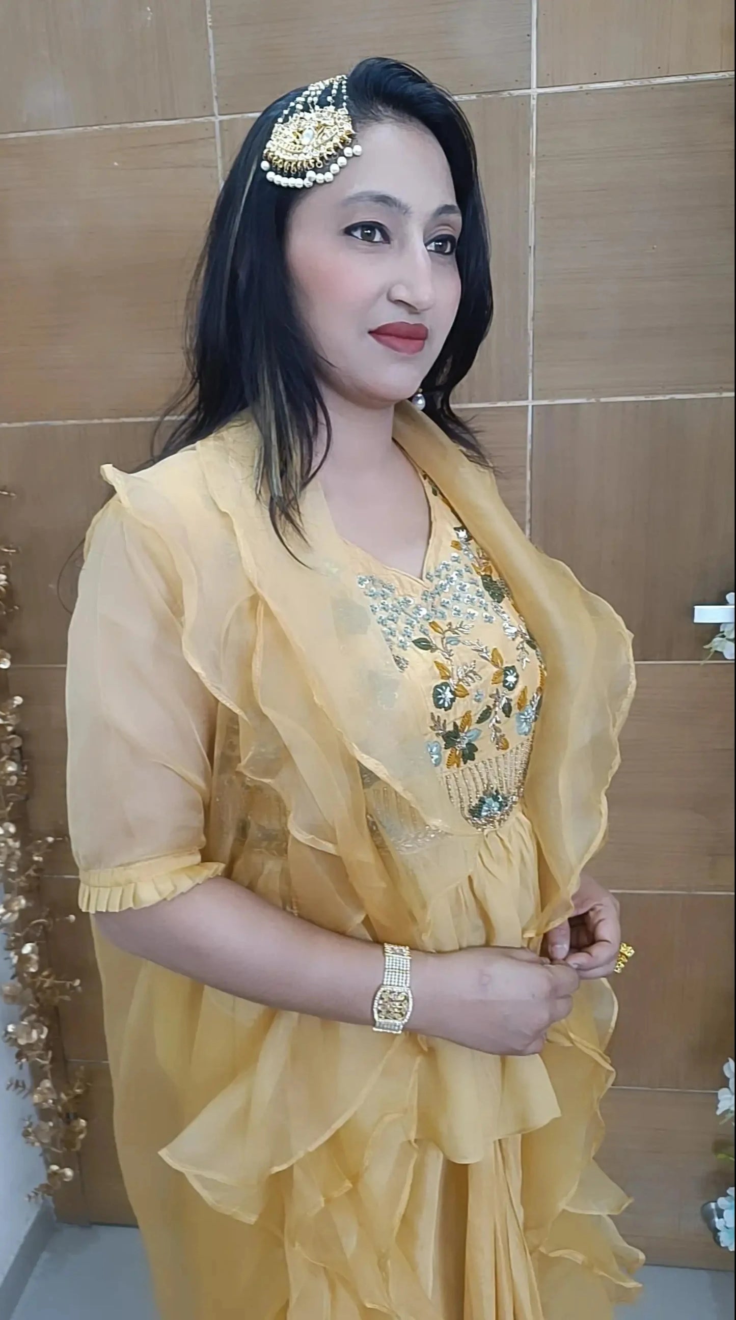 Yellow Indowesten Party Wear Lehanga Dress