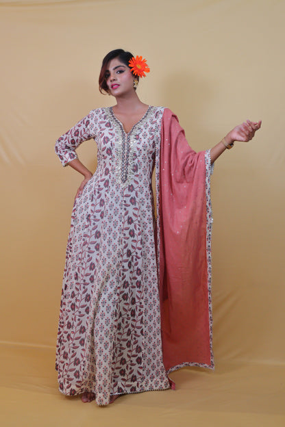 Cream Gotta Patti Party Wear long (Set of 2) Anarkali Dress