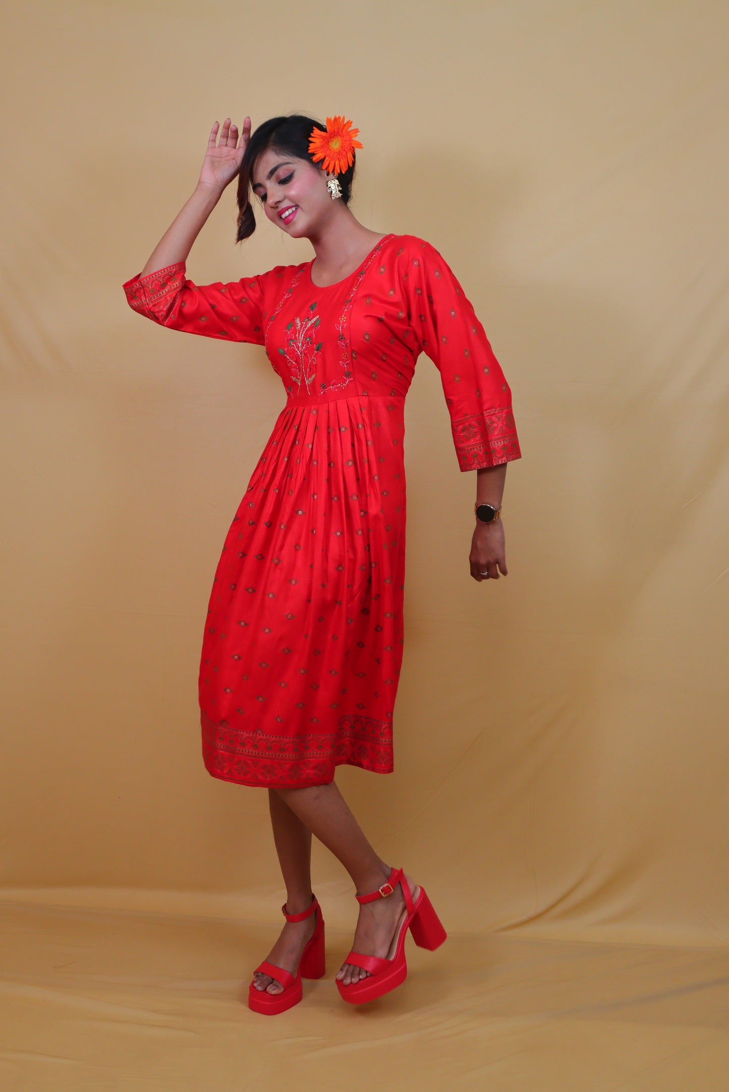 Red A-line middy Anarkali Dress