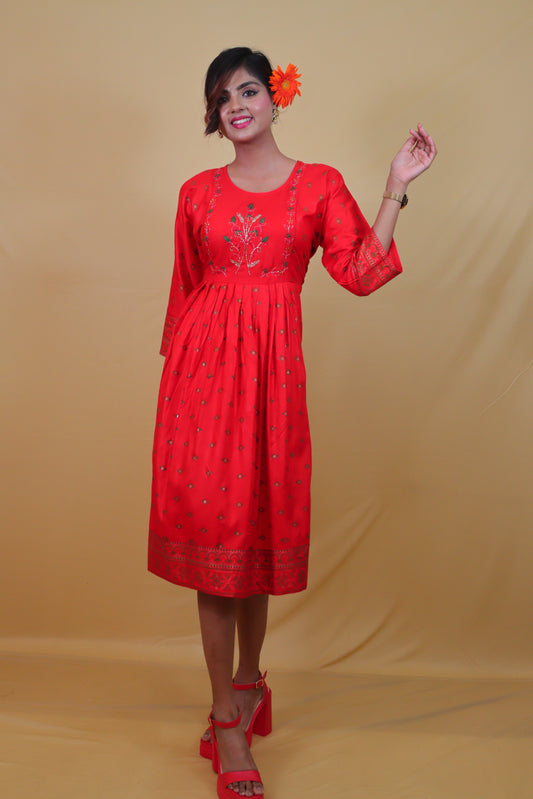 Red A-line middy Anarkali Dress