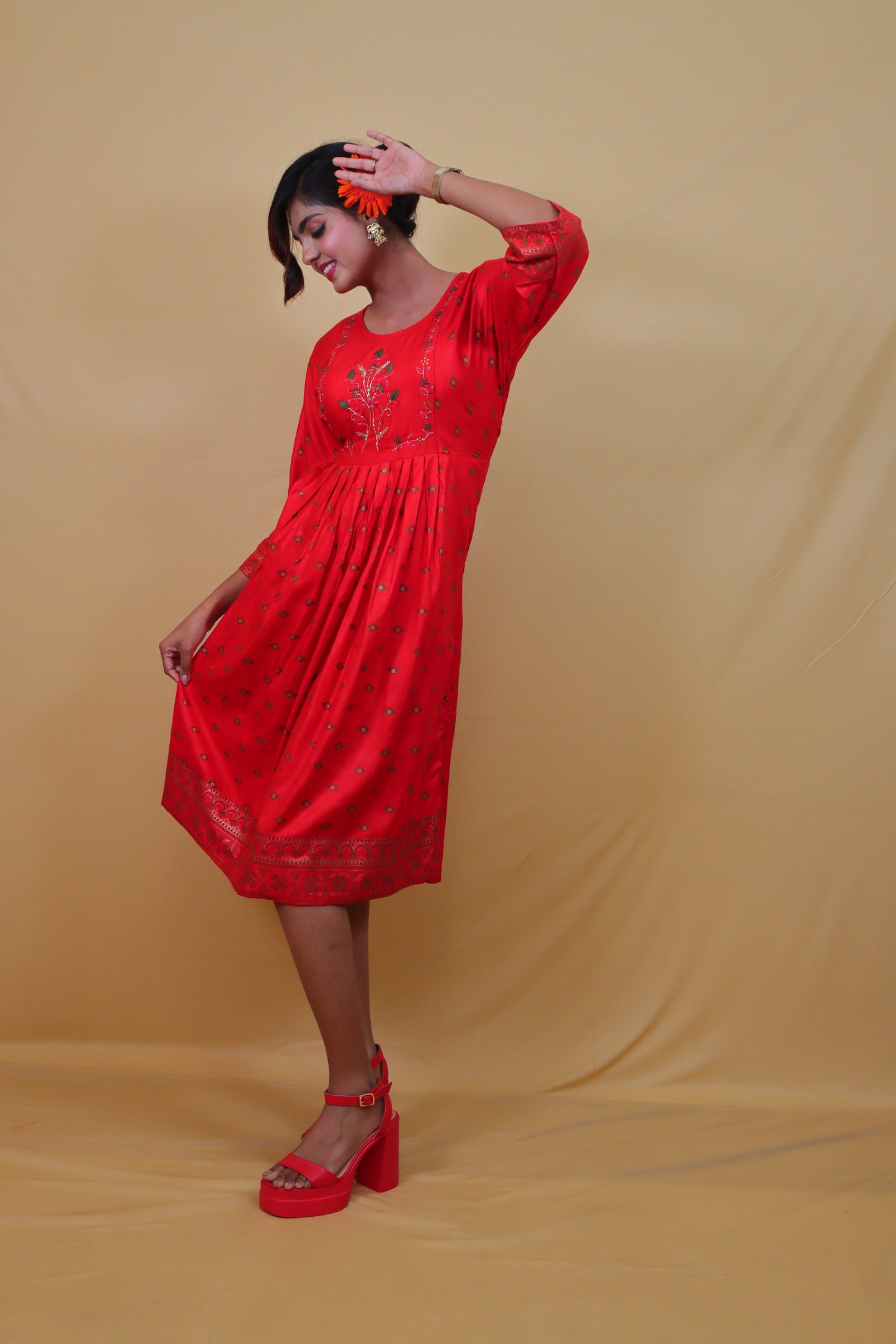 Red A-line middy Anarkali Dress