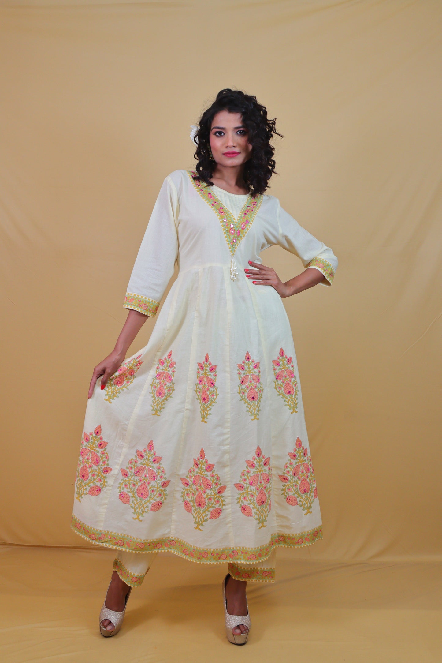 Cream Mustard (Set of 3 )Anarkali Dress