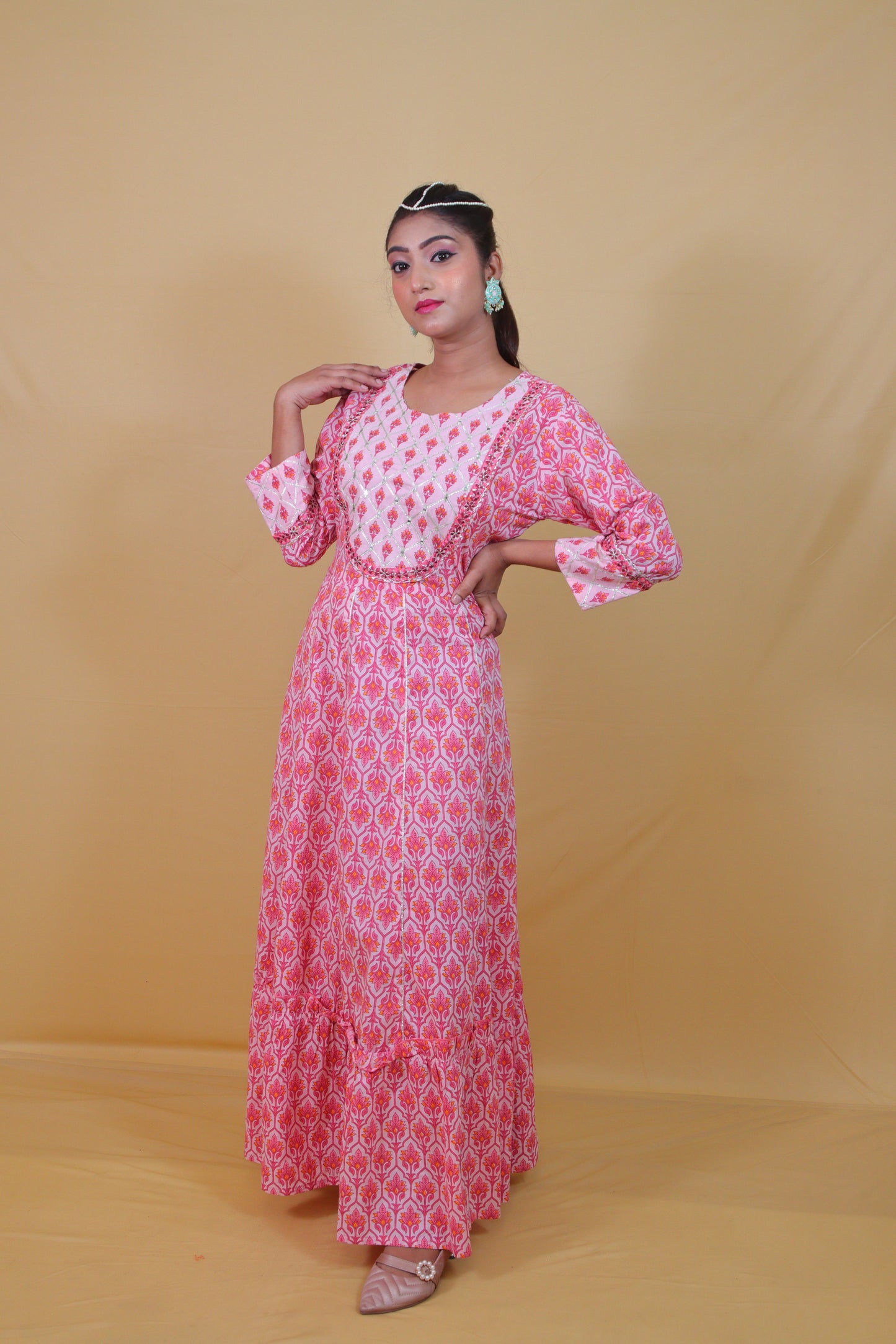 Peach Cotton Printed Gota Pati Anarkali dress