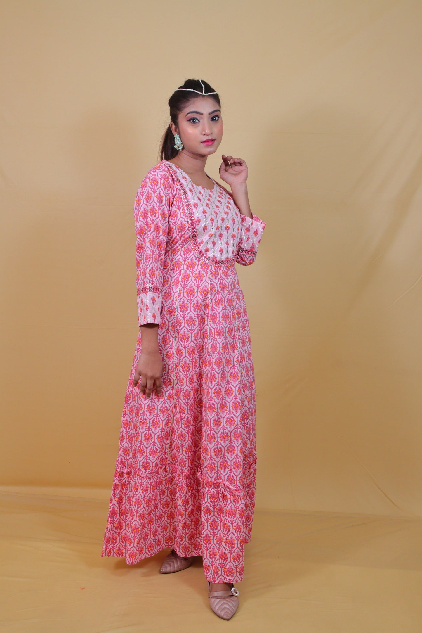 Peach Cotton Printed Gota Pati Anarkali dress