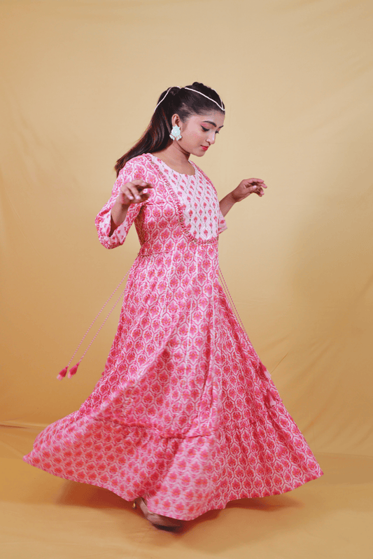 Peach Cotton Printed Gota Pati Anarkali dress