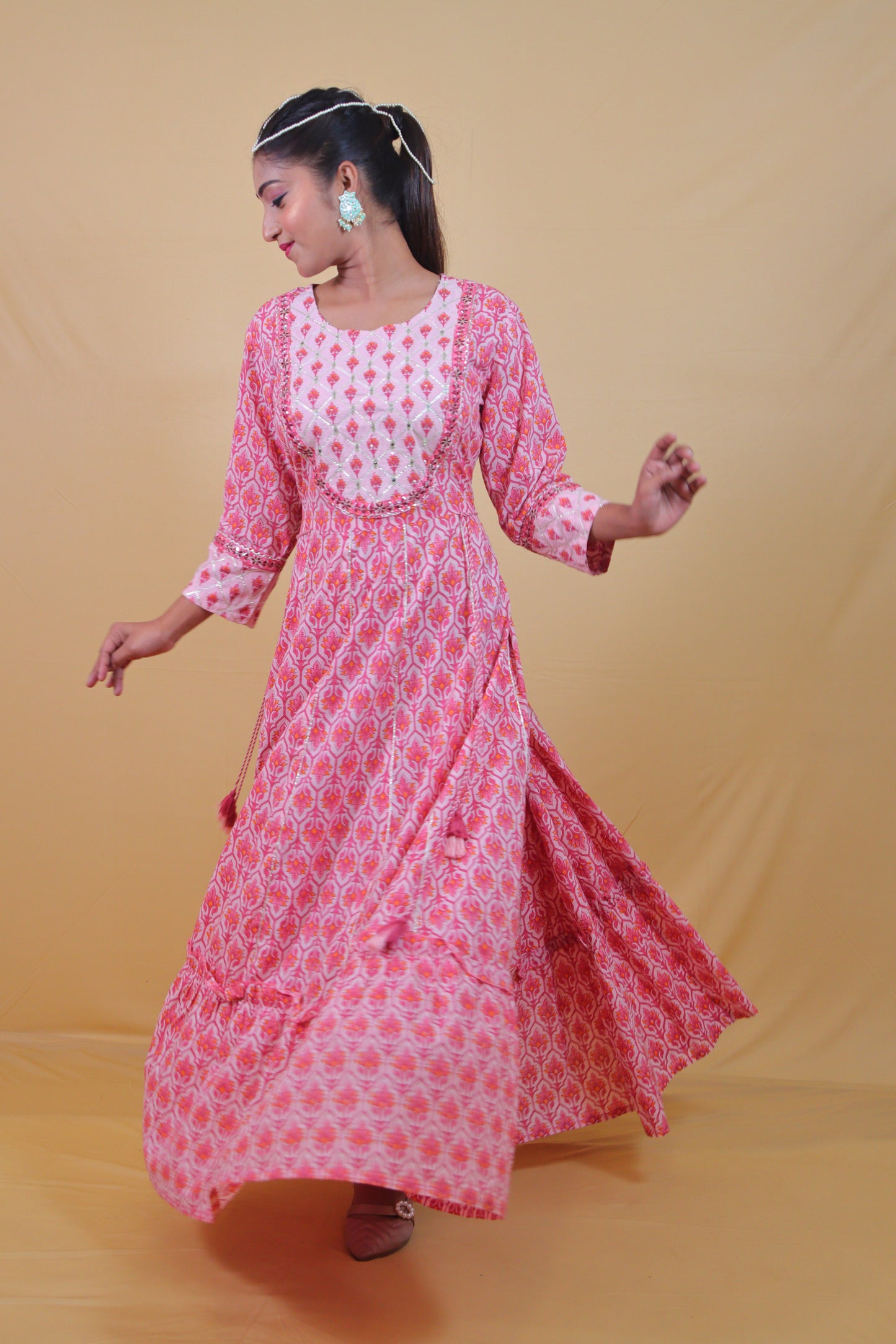 Peach Cotton Printed Gota Pati Anarkali dress