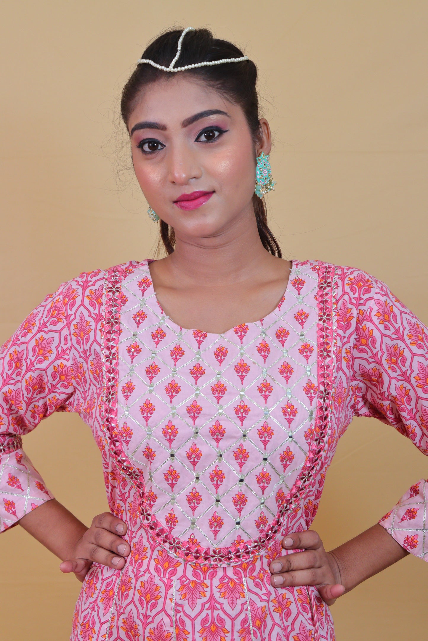 Peach Cotton Printed Gota Pati Anarkali dress