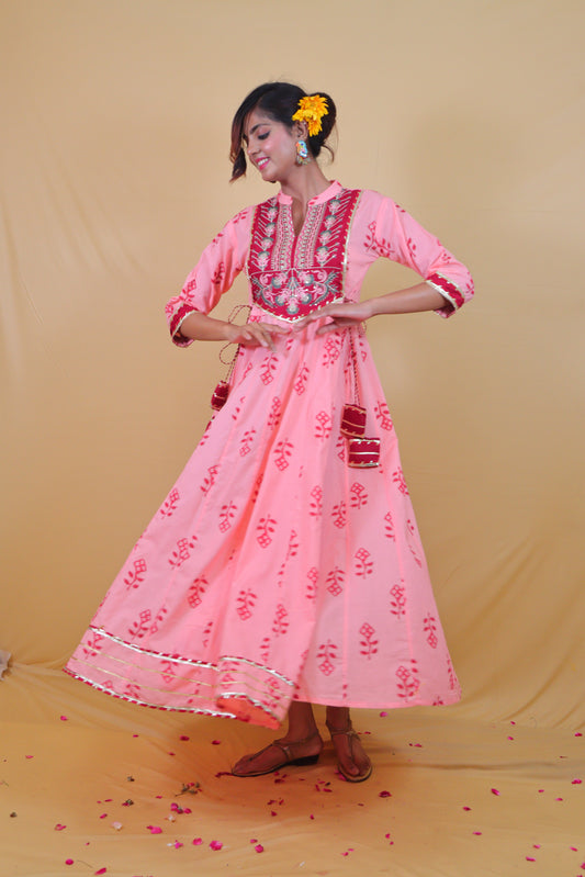 Peach Printed Maroon Anarkali Dress