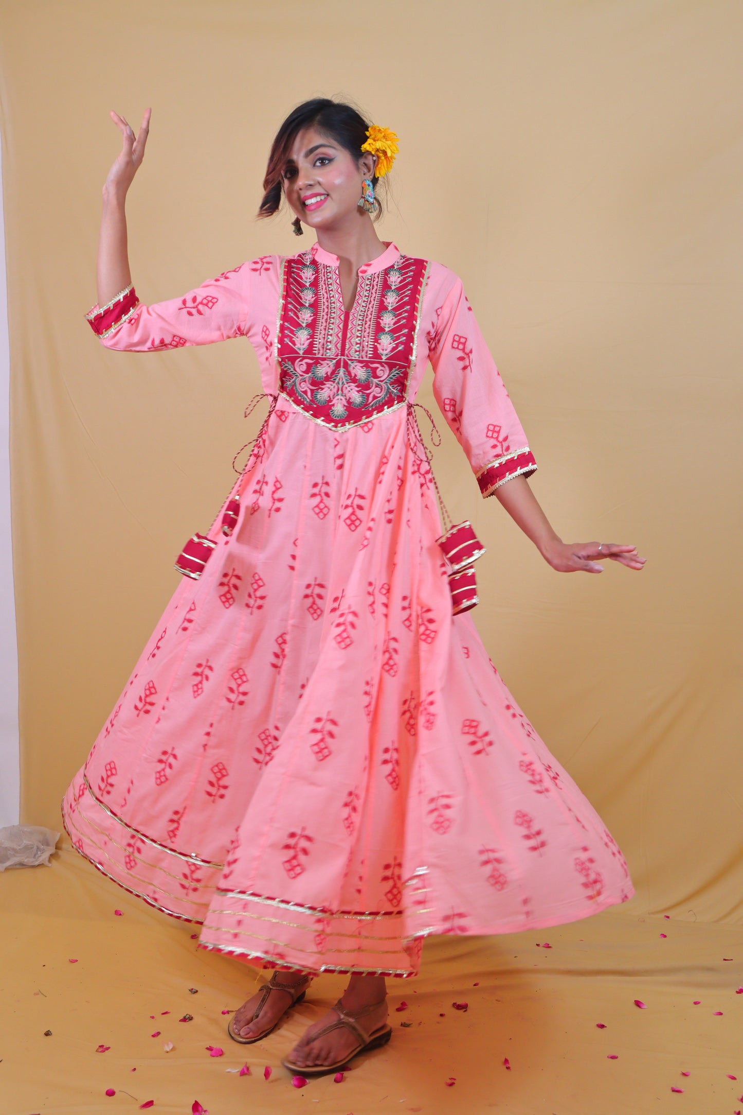 Peach Printed Maroon Anarkali Dress