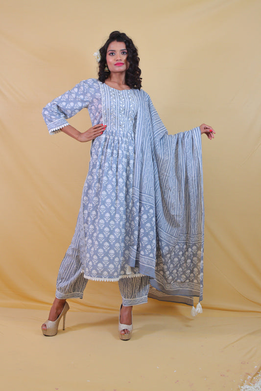 Grey Pure Cotton Nyra Cut Suit Set (set of 3)