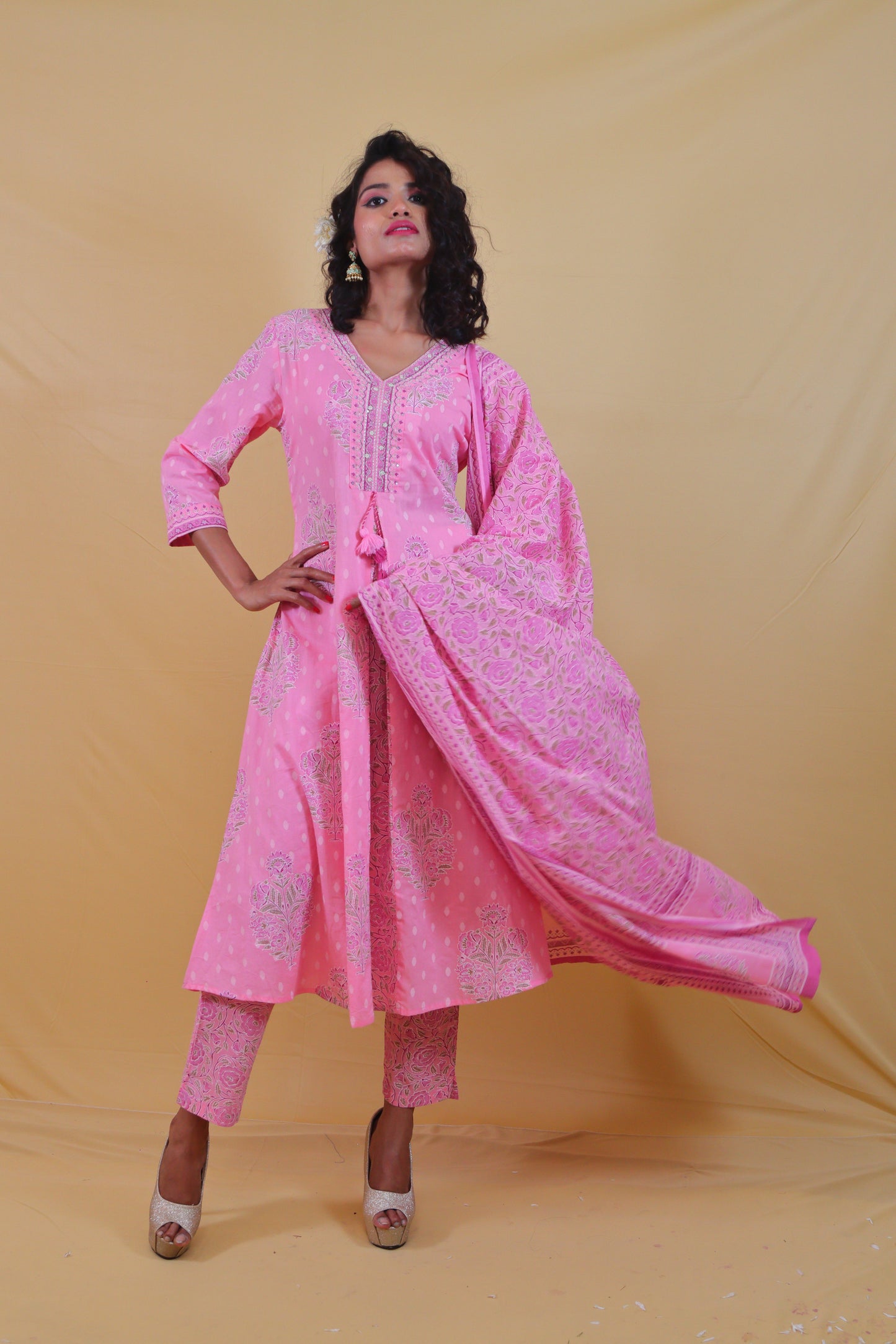 Pink A-Line Designer ( Set of 3 ) Anarkali Dress