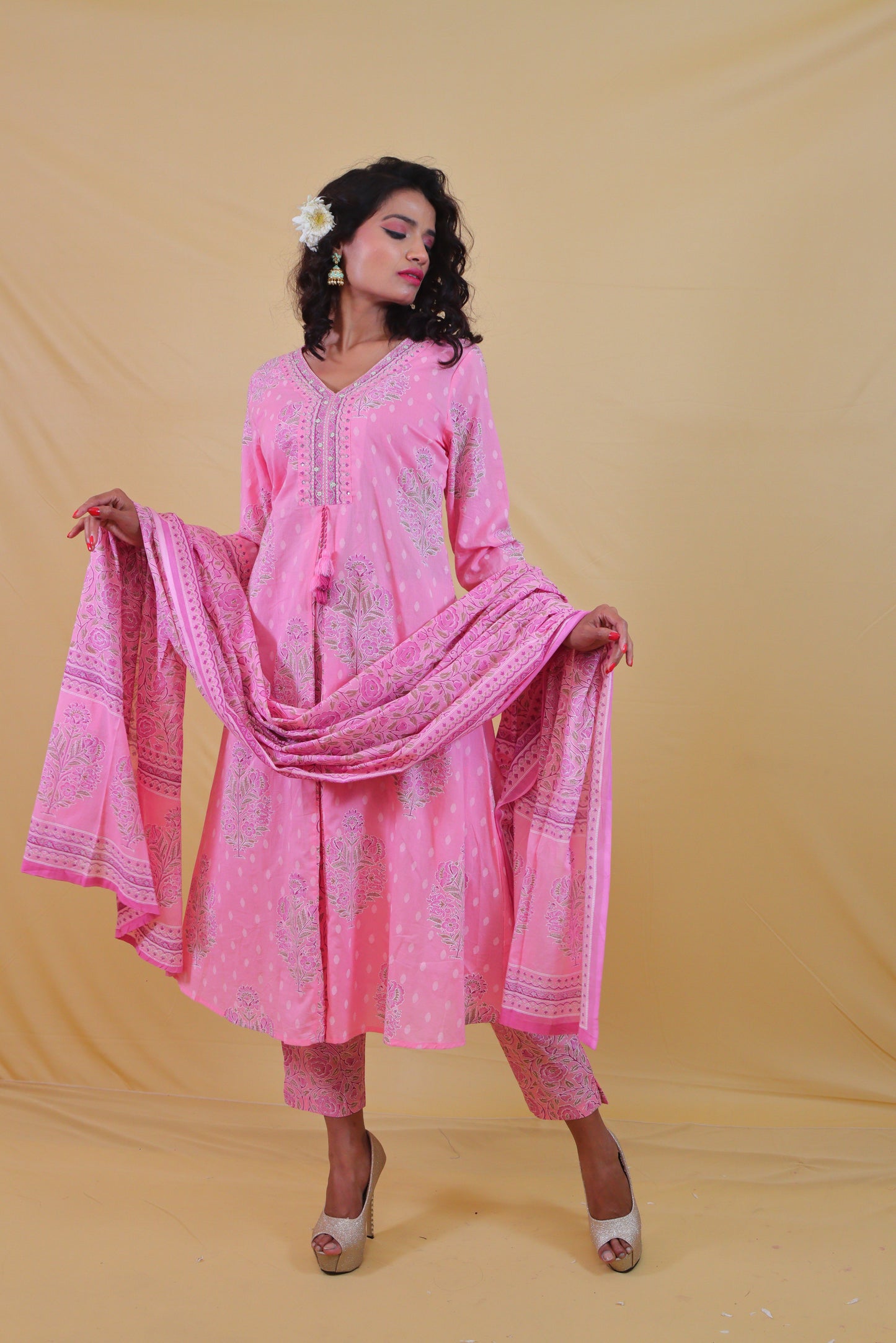 Pink A-Line Designer ( Set of 3 ) Anarkali Dress