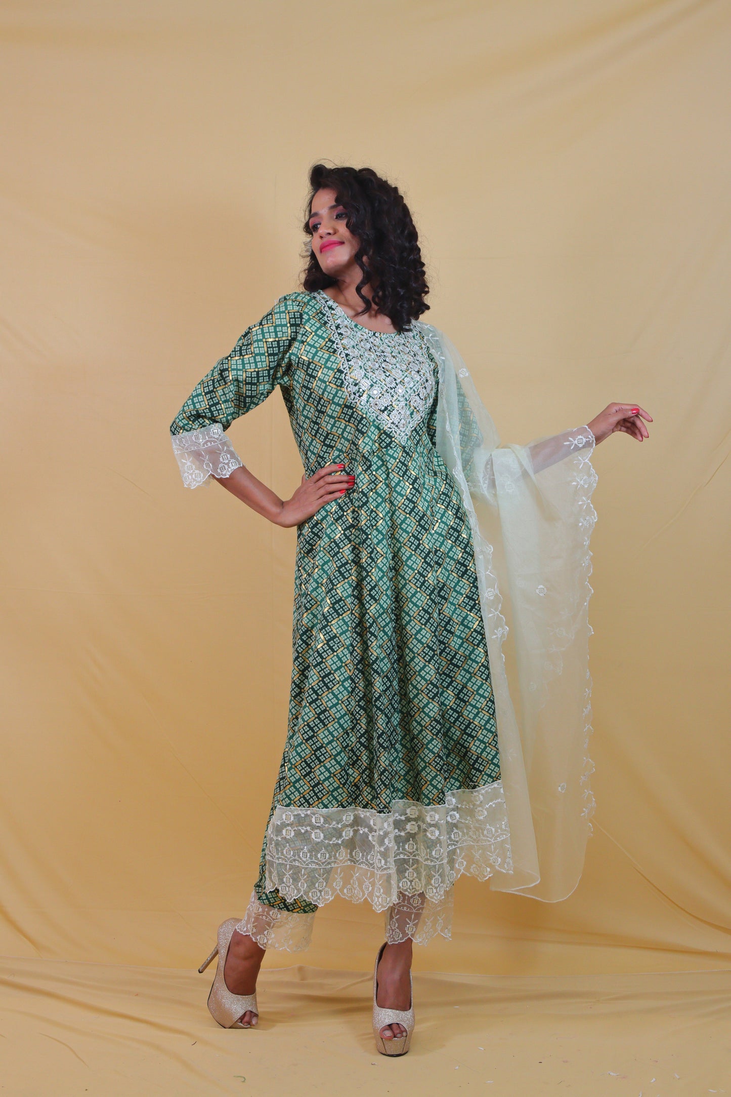 Green A-line Suit Set (Set of 3 ) Anarkali Dress