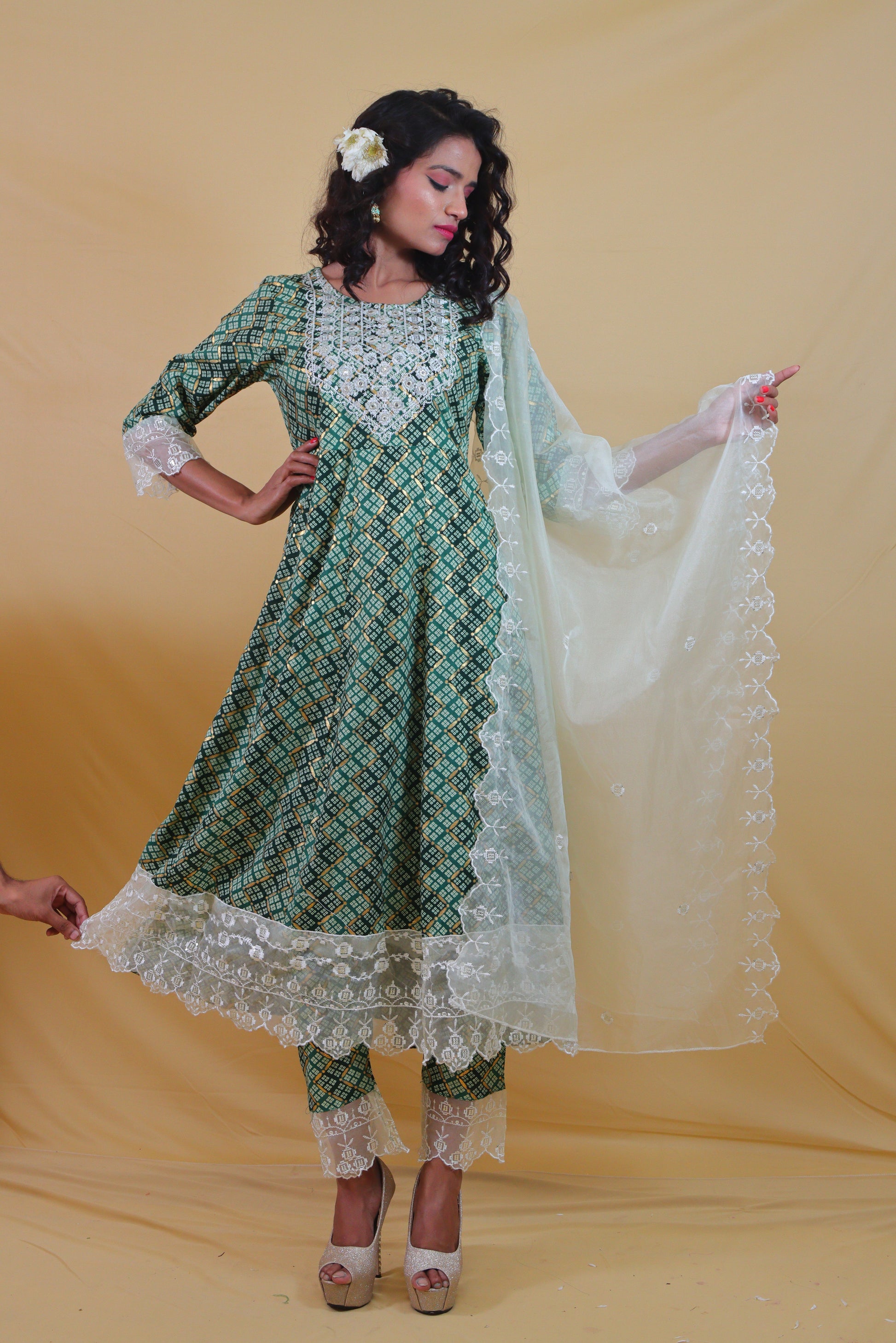 Green A-line Suit Set (Set of 3 ) Anarkali Dress – 'N' Wears Boutique