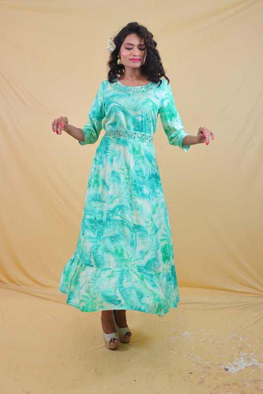 Sea Green Printed Belted ( Set of 2 ) Anarkali Dress