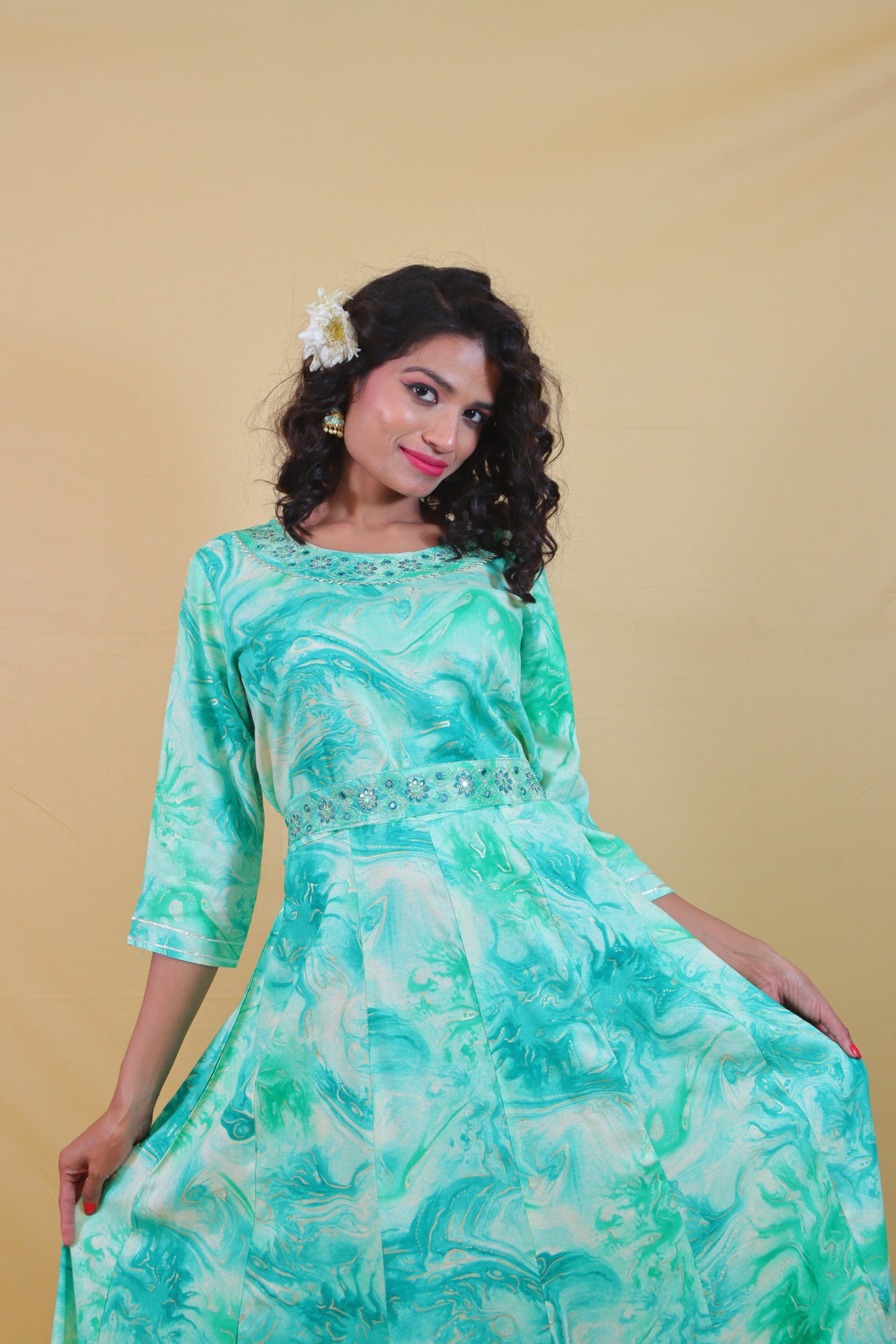 Sea Green Printed Belted ( Set of 2 ) Anarkali Dress