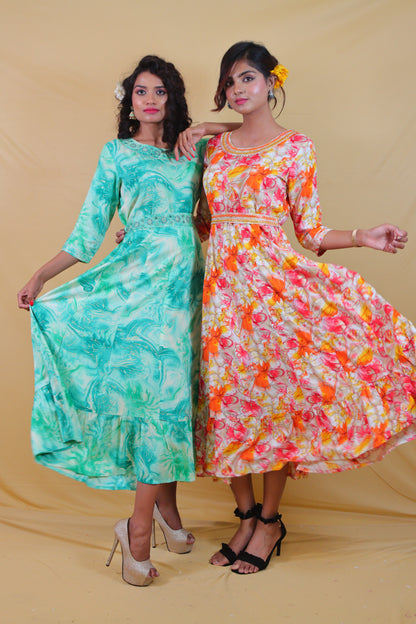 Sea Green Printed Belted ( Set of 2 ) Anarkali Dress