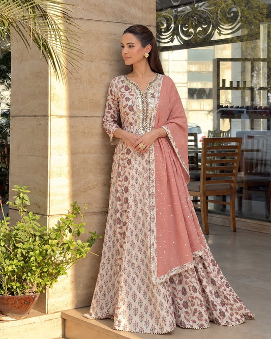 Cream Gotta Patti Party Wear long (Set of 2) Anarkali Dress