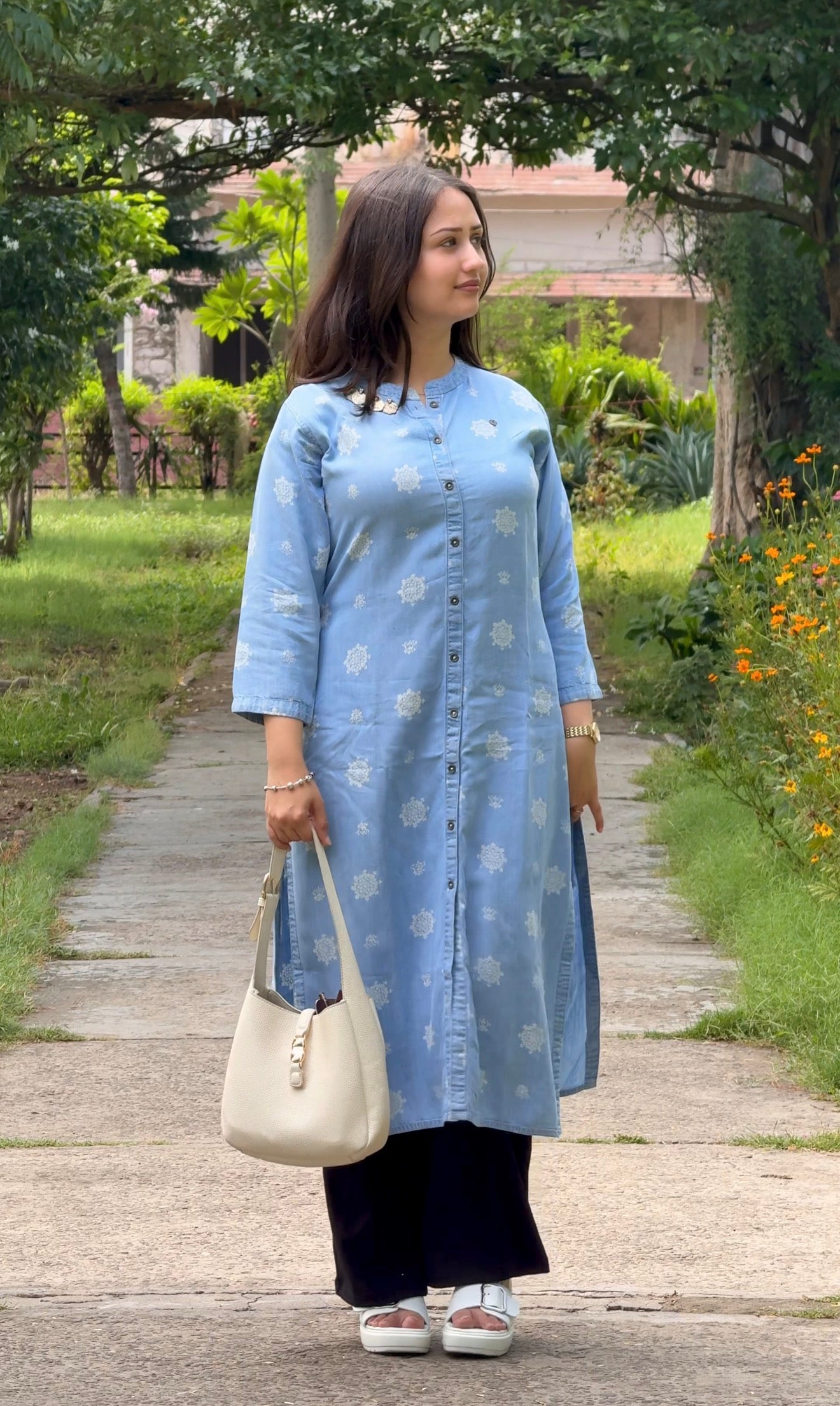 Denim Blue Printed straight kurta Set