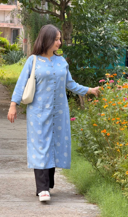 Denim Blue Printed straight kurta Set