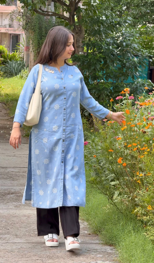 Denim Blue Printed straight kurta Set