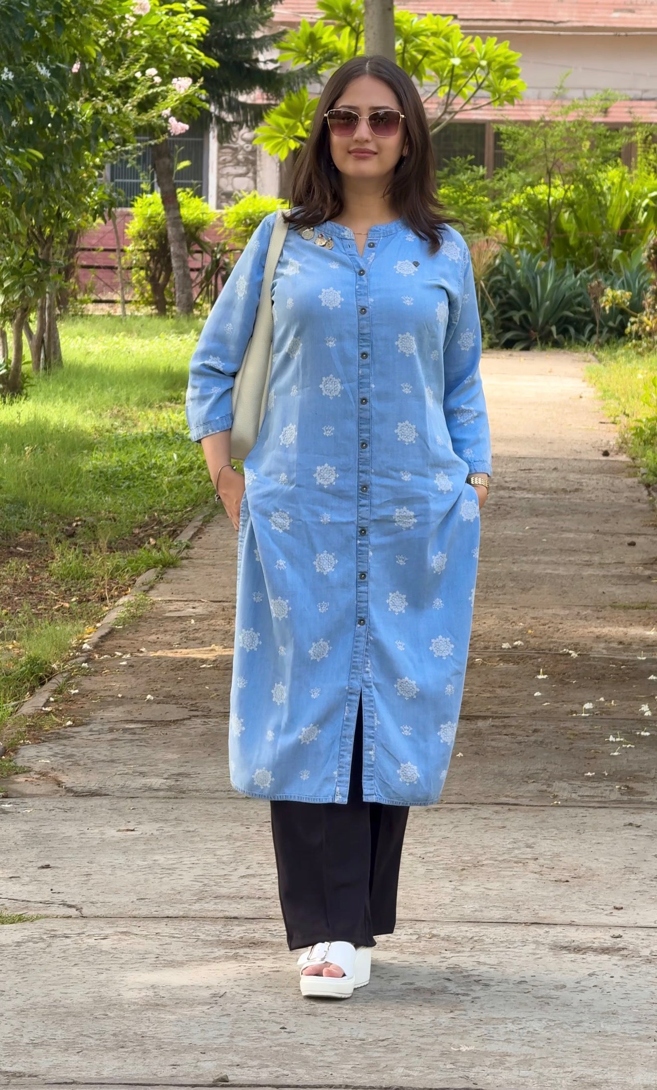 Denim Blue Printed straight kurta Set