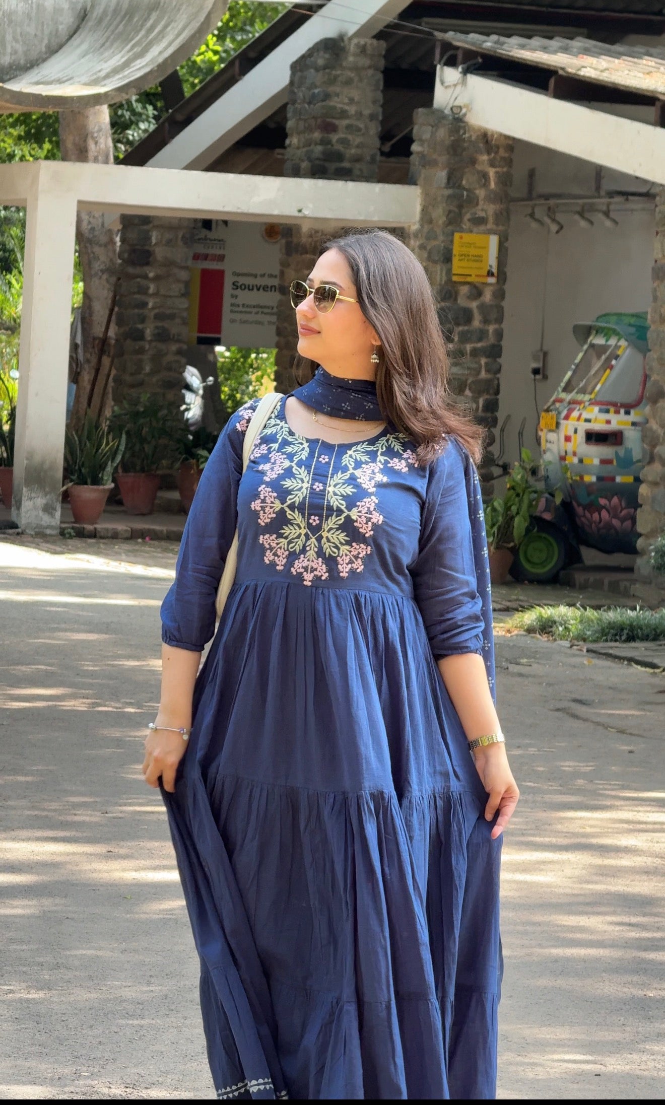 Denim Blue Embroidered Suit (Set of 2) Anarkali Dress