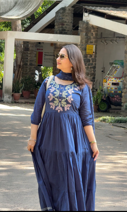 Denim Blue Embroidered Suit (Set of 2) Anarkali Dress
