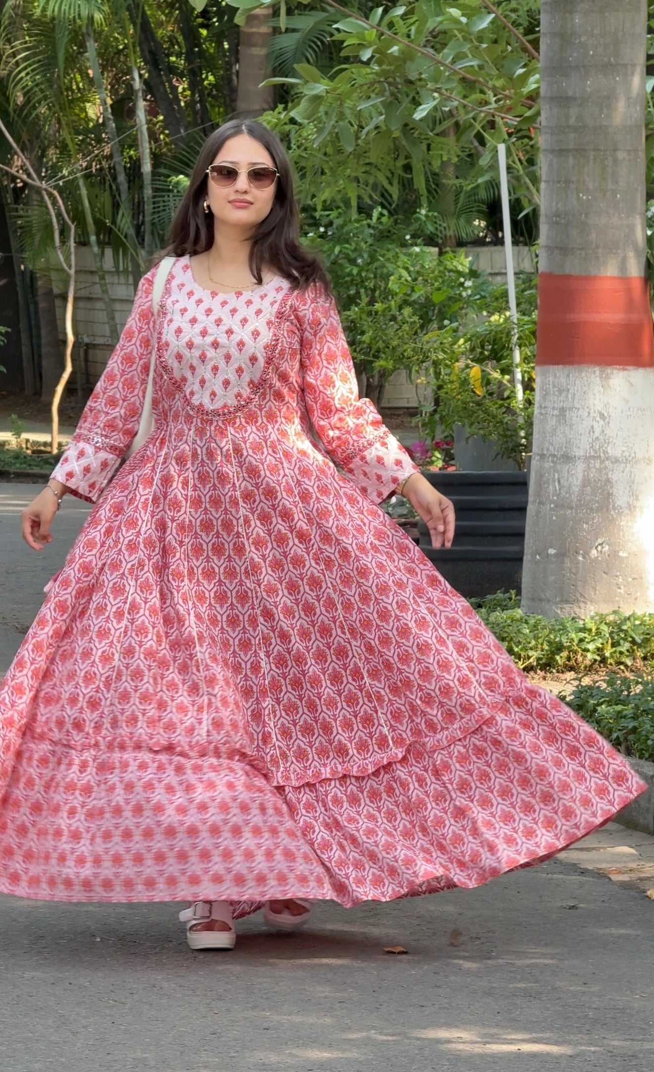 Peach Cotton Printed Gota Pati Anarkali dress