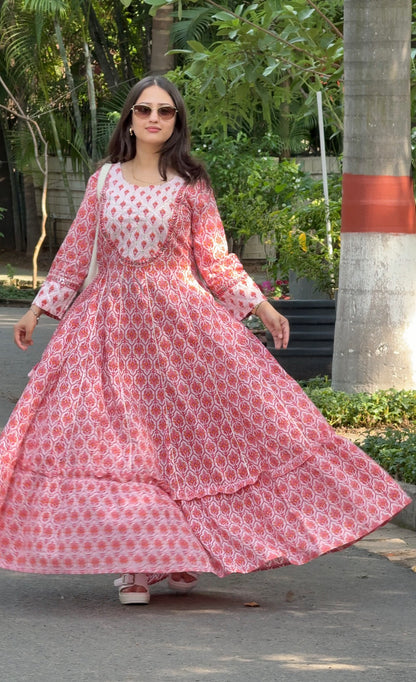 Peach Cotton Printed Gota Pati Anarkali dress